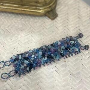Vintage Blue Gemstone Chip Bracelet | Hand Beaded Statement Cuff